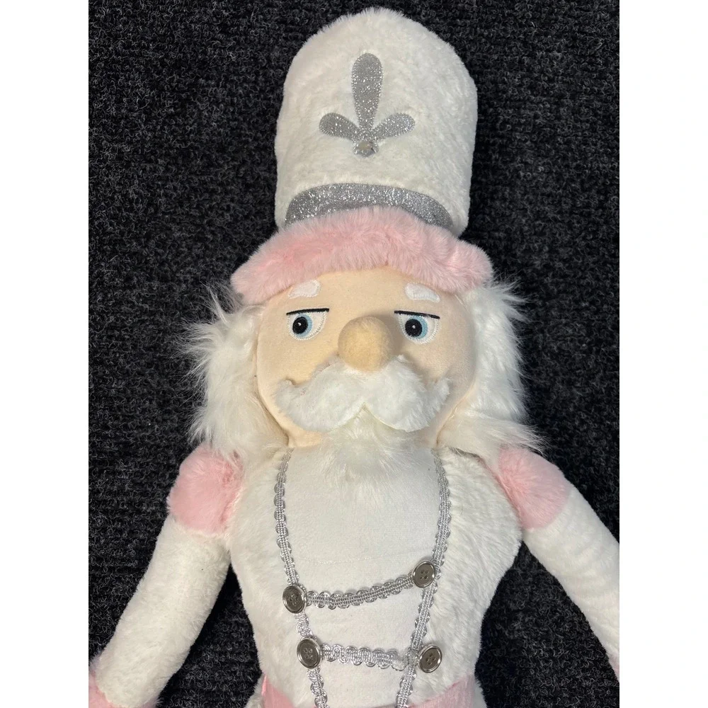 Plush Nutcracker Doll White Pink Silver Glitter Christmas Holiday Decor 24 Inch